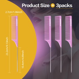 Goodofferplace Rat Tail Combs Teasing Comb Set with Fine Tooth Long Steel Pin Rat Tail Hair Combs for Women Styling Parting Carbon Fiber Heat Resistant Anti Static(3 Packs Purple)