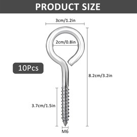 ANBOWEI 10pcs Screw Eyes M6 x 3.2"/82mm Stainless Steel Eyelet Screws Heavy Duty Eye Hooks Set for Hanging Basket Fixed Cable Vine Eyes Indoor or Outdoor - Silver