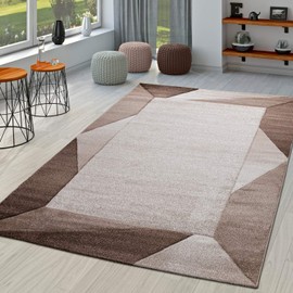 Modern Area Rug Bordered with Geometric Pattern in Brown Beige with Contour Cut, Size: 2' x 3'7"