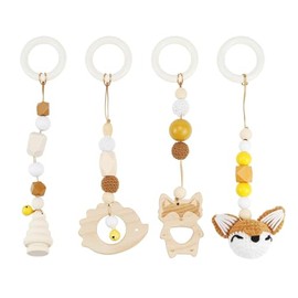 FENYW Pack of 4 Baby Toy from 0 Months, Pendant Play Arch, Pendant for Play Arch, Wooden Play Arch for Girls and Boys, Brown