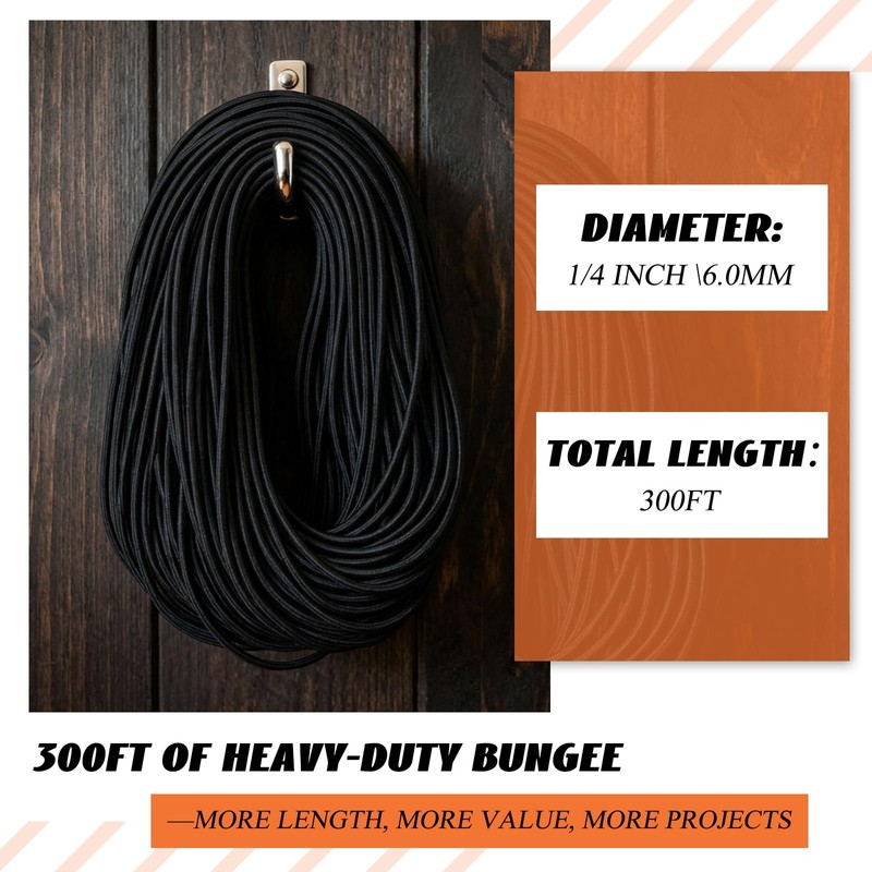 eBoot 300 ft Extra Long Bungee Shock Cord Roll, 1/4