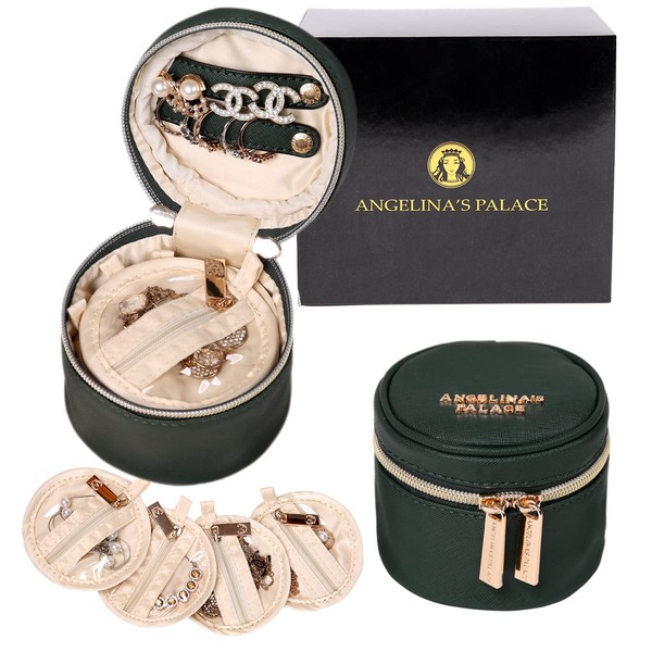 Angelina's Palace Round Jewelry Organizer Case Travel Bag Bridesmaid Gifts Vegan Leather Box for Necklace Earring Bracelet Ring(deep evergreen)
