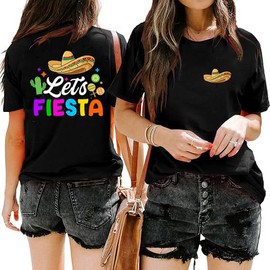 Let's Fiesta Shirt for Women Happy Cinco De Mayo Tshirt Mexican Sombrero Graphic Tee, Black, XL