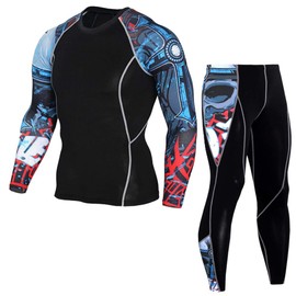 1Bests Mens Athletics Sports Compression Tight Clothing Long Sleeve 3D Printed Running Quick Dry Sportswear Sets (L, Red Blue)