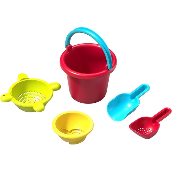 HABA Sand Toys Basic Set - 5 Piece Bundle with Plastic Pail, Sieve, Mold, Scoop and Sifting Shovel Sized just for Toddlers Ages 18 Months +