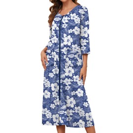 Bloggerlove Womens Robes Lightweight Long Sleeve Bathrobes Long Zipper Front Nightgown with Pockets Print Loungewear