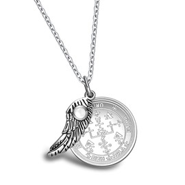 Archangel Uriel Sigil from The Ancient Book of King Solomon - St Uriel Necklace - Guidance Prayer Included - Angel Wing Pendant - Miraculous Medal - Guardian Crystal Amulet - Pastel White Crystal