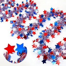 2 Pack 6.5Ft Red White Blue Star Tinsel Garland, Patriotic Streamers for 4th of July Independence Day Party Decor Hanging Garland for Classroom Home Office Decorations