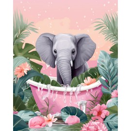 Tucocoo Bathtub Jungle Animal Paint by Bumbers for Adults Beginner Bathroom Elephant DIY Paint by Numbers Acrylic Paint Canvas Pink Leaves Bedroom Decor Painting Kits Pink Art 20x16 Inch （DIY Frame ）