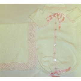 Hand Knitted Natural Chenille Finished By Hand Crochet with Pink Chenille Baby Bunting, Hat Set Matching Blanket