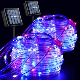QITONG Red White Blue Solar Rope Lights, 2Pack Each 33ft 100 LED Patriotic Lights, 8 Modes Clear Tube Light for Outside