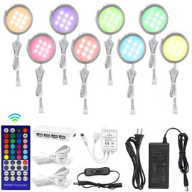 AIBOO LED Puck Lights Wired Color Changing, Multicolor Under Cabinet Lighting with Remote, Dimmable RGBWW Display Case Lights 8 Pack for Cabinets, Counters, Shelves, Showcases (RGBWW)