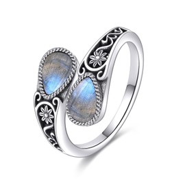 POPLYKE Sterling Silver Labradorite Filigree Spoon Ring Vintage Thumb Rings Boho Adjustable Open Ring Statement Jewelry Gifts for Women