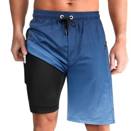 zeetoo Mens Swim Trunks with Compression Liner 9" Inseam Quick Dry Swim Shorts with Zipper Pockets Bathing Suit Gradient-darkblue L
