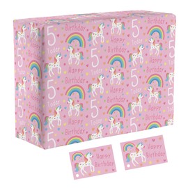 Hunts England - 1 Sheet Of Girl 5th Birthday Unicorn Fun Wrapping Paper - Includes 2 Gift Tags - Age 5 Female Folded Gift Wrap For Girl - Unicorn Collection - Age Five Pink Gift Wrap