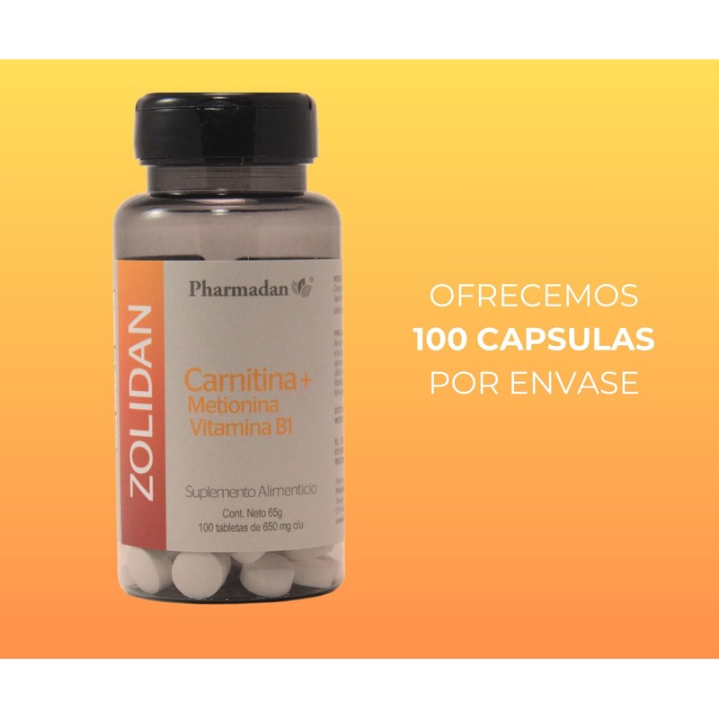 Pharmadan Zolidan, L-Carnitina, L-Metionina, Vitamina B1, 30 Tabletas de 650