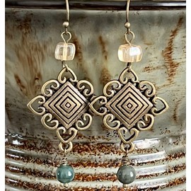 Etched Bronze, Champagne and Jade Green Dangle Earrings. Jewelry Earrings for Women #3298FE3424