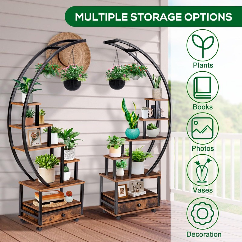 LOENIY 7-Tier Half Moon Indoor Plant Stand with Lockable Wheels,