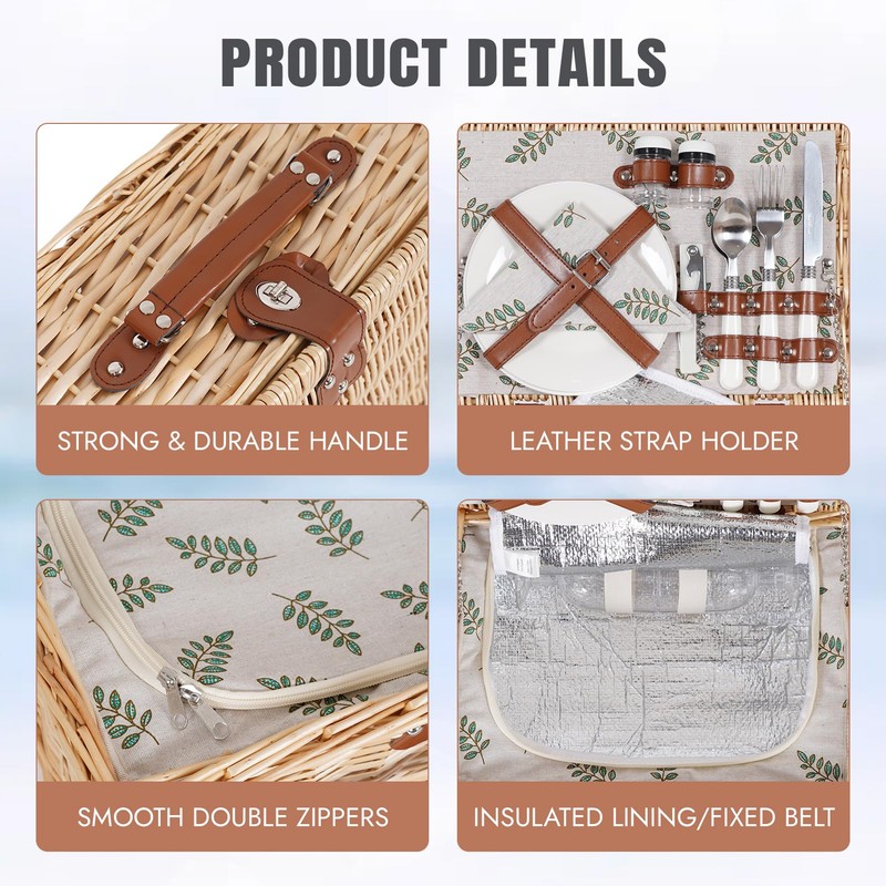 HappyPicnic Picnic Basket Set for 2 - Wicker Picnic Basket