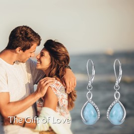 POPLYKE Teardrop Larimar Leverback Earrings for Women Sterling Silver Infinity Larimar Earrings Dangle Birthday Gifts