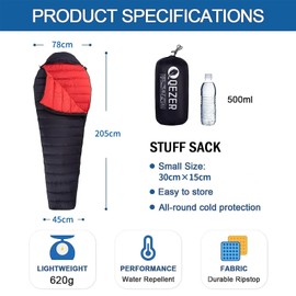 QEZER Down Sleeping Bag, 590 g, Ultralight Summer Sleeping Bag, Warm Down Sleeping Bag, Small Pack Size for Camping, Trekking and Hiking, Outdoor (Black)