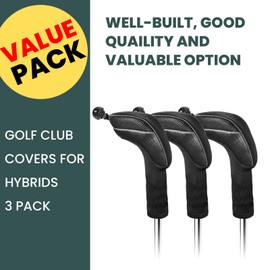FINGER TEN Golf Club Head Covers Woods Hybrids Long Cover, Headcovers with Interchangeable No. Tags Fit All Hybrids Wood Clubs Light Durable (Dark-3 Pack Hybrid Covers)