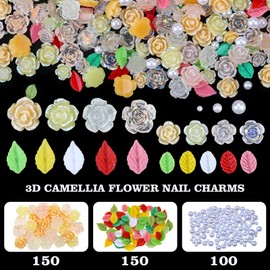 400 Pieces Camellia Flower Nail Charms for Acrylic Nails 3D Rose Floral Nail Gems Pink Leaf Nail Accessories White Pearls Nail Supplies for Women Nail Art Design (Yellow)