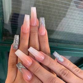 AKOFIC 24Pcs Medium Length False Nails Coffin, French Ballerina Acrylic Press on Nails Designs, Pink White Glitter Full Cover Stick on Nails, Fake Nails with Jelly Glue for Women Girls Nail Art