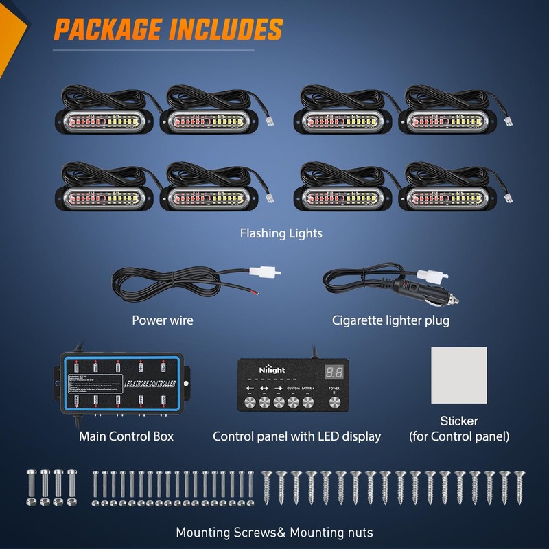 Nilight 8PCS Led Strobe Lights with Controller 12V 24V Sync