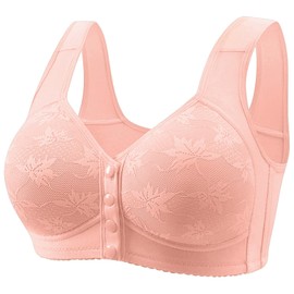 IWOLLENCE Daisy Lace Bras for Women Front Closure No Underwire Comfort Senior Wireless Snap Closing Bra Pink 42D