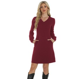 Alealiy Long Sleeve Casual Dress V Neck Dress for Women Dresses with Pockets Mini Dress Burgundy S