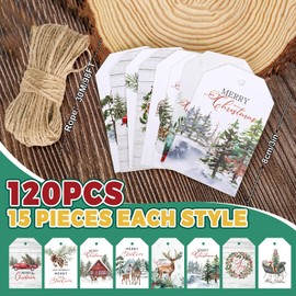 JarThenaAMCS 120Pcs Merry Christmas Paper Gift Tags Watercolor Xmas Tree Forest Deer Hanging Labels with Hemp Rope for Winter Holiday Name Present DIY Crafts, 8 Designs