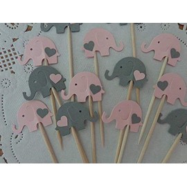 Light Pink and Grey Elephant Cupcake Toppers - Elephant and Hearts Food Picks - Pink and Gray Elephants - Baby Girl Shower Appetizer Picks (Set of 24)