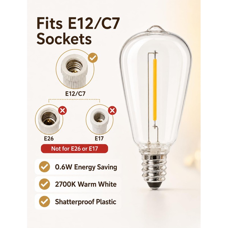 Abeja 25 Pack ST38 LED Replacement Bulbs, E12 0.6W Shatterproof