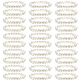MOZAKA 30 Pieces 6mm/8mm Faux White Pearl Bracelets for Women Stackable Stretch Beaded Bracelets Simulated Pearl Bracelet Set for Bridesmaid Bridal Wedding Party Jewelry