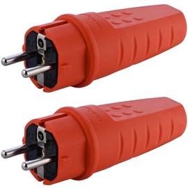Gummistecker 230V, 16A, IP44, Wasserdicht Stecker, Bruchfest Stecker, Stormkabel bis max. 2,5mm², Schukostecker Außenbereich mit Zugentlastung, Schutzkontaktstecker mit Knickschutztülle, Orange (2)