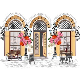 CORFOTO 2.1x1.5m Street Cafes Backdrop Hand Drawn French Paris Cafe Shop Photography Backdrop Retro Old Town Cafe Store Backdrop Tea Party Theme Decor Portrait Photo Studio Prop