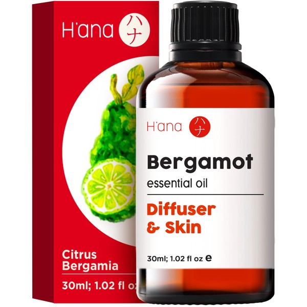 H’ana Bergamot Essential Oil for Diffuser - 100% Pure Therapeutic Grade Bergamot Essential Oil Organic - Bergamot Oil for Hair Growth, Shampoo, Skin & Aromatherapy (1 fl oz)