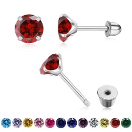3mm Cut Solitaire Screw Back Birthstone Stud Earrings, Surgical Steel Hypoallergenic Cartilage Earrings Round Cubic Zirconia Stud Earrings (1.Jan-Garnet, Silver)
