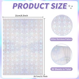 WANGHENG 36 Sheets Holographic Sticker Paper,Holographic Laminate Sheets,A4 Size Clear Vinyl Sticker Sheets Self-Adhesive Rainbow Overlay Sheets,11.7 x 8.3 Inches（Heart）