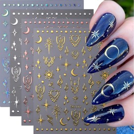 Moon Star Nail Art Stickers Decals 3D Self-Adhesive Holographic Star Moon Nail Decals Aurora Silver Gold Star Nail Stickers Nail Art Designs Nail Supplies for Women Girls Mnicure Decoration 8 Sheets