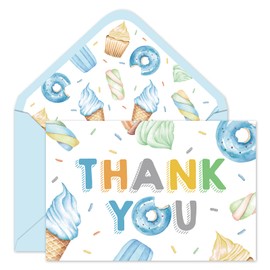 Whaline 24 Pack Sweet Party Thank You Cards Bulk Blue Ice Cream Donut Cupcake Note Card with Envelopes Stickers Greeting Blank Card for Baby Shower Birthday