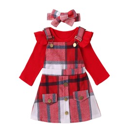 Willow Dance Infant Baby Girl 3Pcs Outfits Long Sleeve Tops Plaid Suspender Skirt Set Fall Winter Clothes red 6-9 M