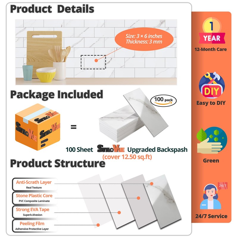 StyloVue 100 Pieces Peel and Stick Backsplash for Kitchen, 3"