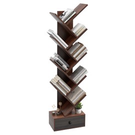 Tangkula 10 Tier Tree Bookshelf with Drawer, Rustic 10 Shelf Space Saving Corner Bookcase, Retro Wooden Organizer Shelves for Books/CDs/Movies, Display Shelf for Home Office (Brown, 10 Tier)