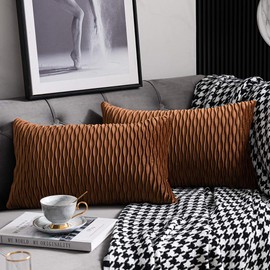 DEZENE Light Brown Throw Pillow Cases: 2 Pack 12x20 Inch Original Stripe Velvet Rectangular Decorative Pillow Covers for Farmhouse Couch