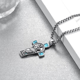 qielizhu St Christopher Necklace Mens 925 Sterling Silver Saint Christopher Turquoise Cross Necklace for Men Medal Religious Amulet Turquoise Jewelry Gifts