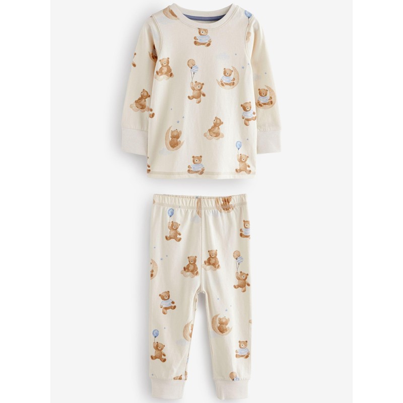 NEXT Snuggle 3 Pack 100% Cotton Pyjamas, Blue/Ecru Baby Bear