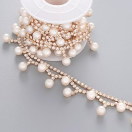 Jerler 1 Yard Pearl Tassel Rhinestone Trim, Inlaid Pearl Beaded Chain, Crystal Applique Ideal for DIY and Wedding Party Decoration Bridal Embellishments, 0.8" Width (Tassels Pearl)