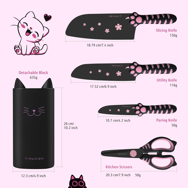 MEOWKIT Cute Kitchen Knife Set,5 pieces Non-Stick Knives with Detachable